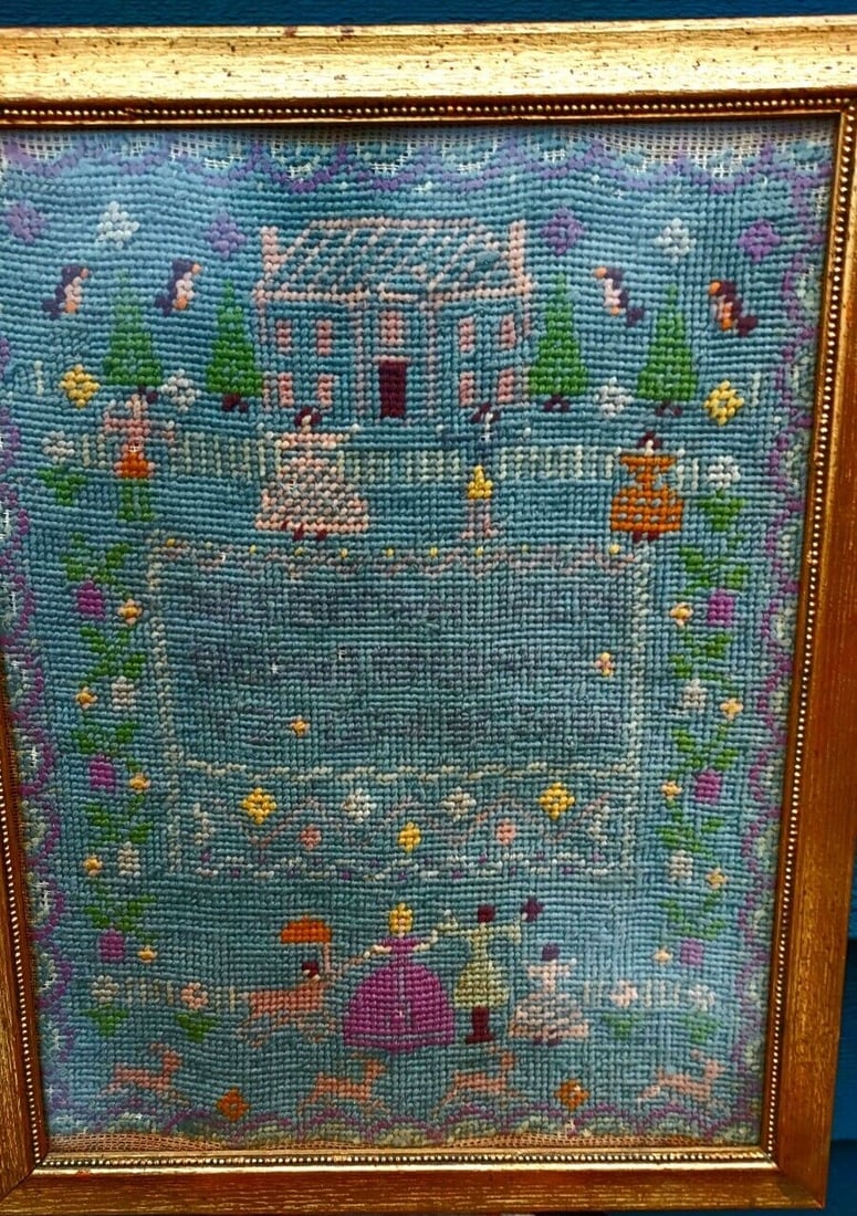 Antique Sampler needlepoint Undated 19th Century Blue Colors (1 of 7)