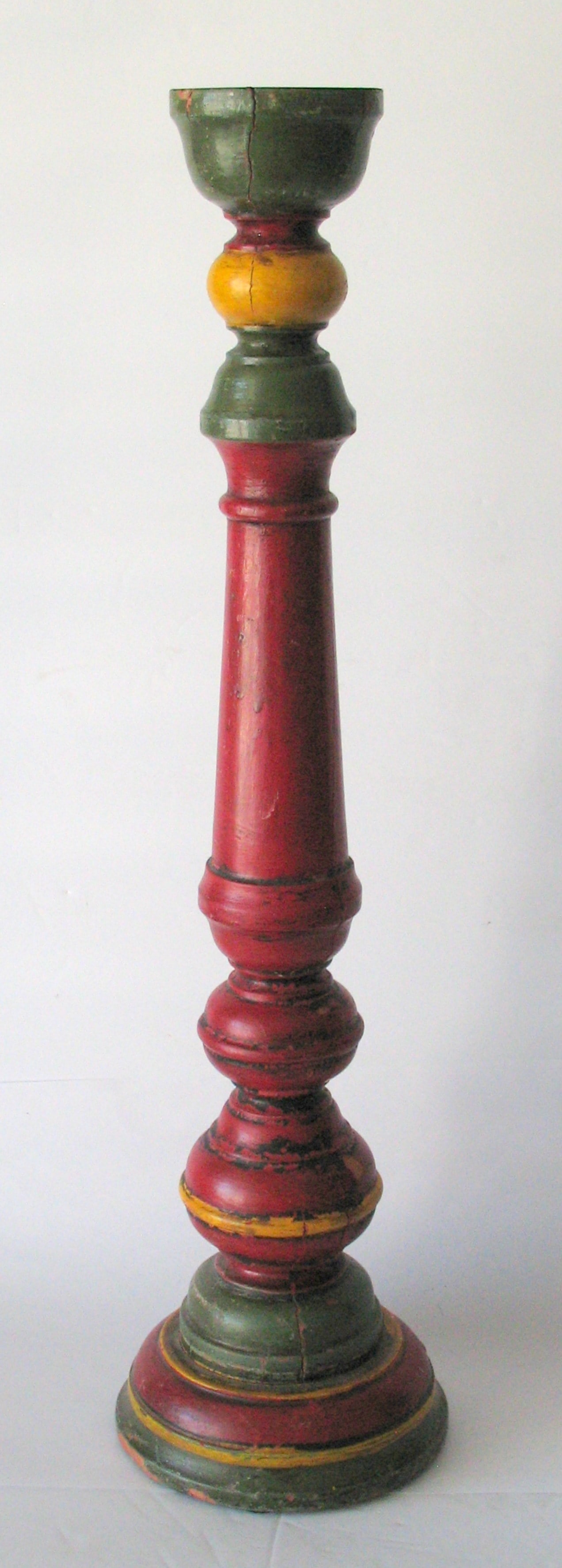 Antique tall painted wood candle stick.: Title: Antique tall painted wood candle stick. Date/Period: 1930's Dimension: 18” high Additional Information: Nice antique very tall painted wood candle stick in great all original paint, patin