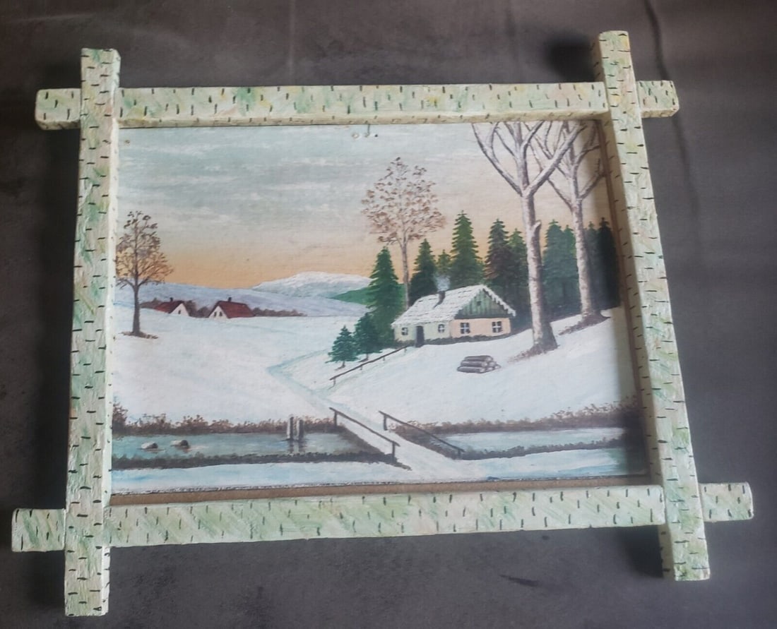 Oil painting cabin in woods snowfall 1950 excellent detail (1 of 2)