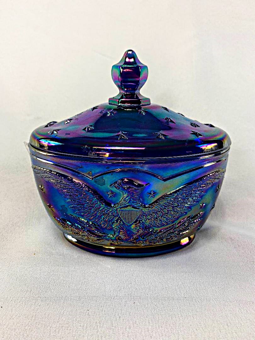 Blue L.E. Smith Carnival Glass Eagle Cover Dish (1 of 5)