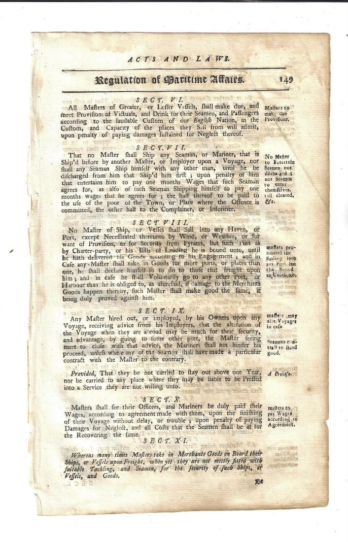 1750 Colonial Act Regulation Of Maritime Affairs (1 of 2)