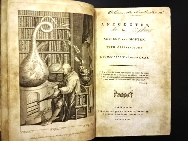 1789 Anecdotes Antient and Modern: Anecdotes & c Antient and Modern with Observations, by James Petit Andrews, printed for John Stockdale, MDCCLXXXIX (1789), Frontis, title, xvi, 470, [2]. Leather binding with wear and light loss, inte
