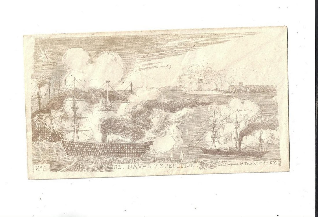 1862 Civil War Patriotic Cover Naval Battle: Engraved Civil War Patriotic cover citrca 1862 printed by Charles Magnus showing a naval engagement. Fine condition, measures 5.75 x 3". Reserve: $50.00 Shipping: Domestic: Flat-rate of $8.00 to anywh