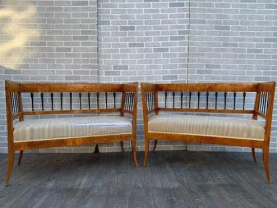 Antique Swedish Neoclassical Burled Birchwood Biedermeier Sofa Benches - Pair: Antique Swedish Neoclassical Burled Birchwood Biedermeier Sofa Benches - Pair This stunning set of antique Biedermeier burled settees from Sweden feature a straight back rail atop beautifully spaced b