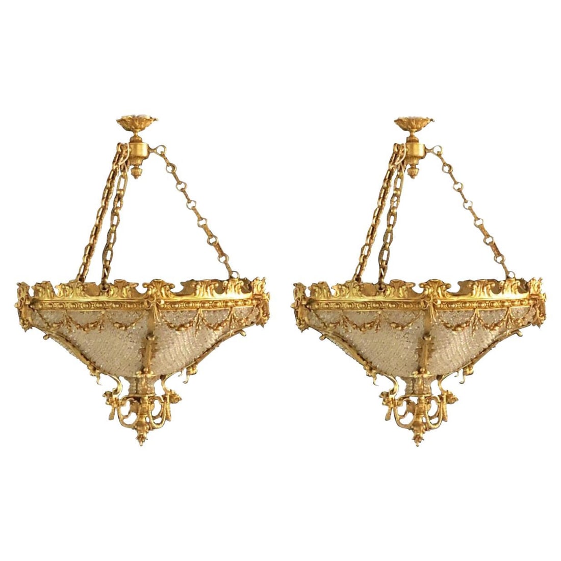 Pair of Bronze Louis XVI Style Beaded Chandeliers with Bowtie Decoration: Title: Pair of Bronze Louis XVI Style Beaded Chandeliers with Bowtie Decoration Description: A pair of large and impressive doré or gilt bronze Louis XVI style beaded chandeliers with bow-tie dec