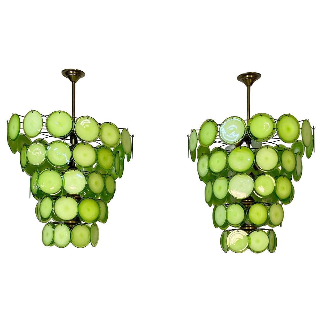 Pair of Murano Disc Mid-Century Modern Chandeliers, Antique Brass, New Wired: Title: Pair of Murano Disc Mid-Century Modern Chandeliers, Antique Brass, New Wired Description: Pair Apple Green Murano Disc Mid-Century Modern Tiered Chandelier, Antiqued Brass, New Wired; Multiple