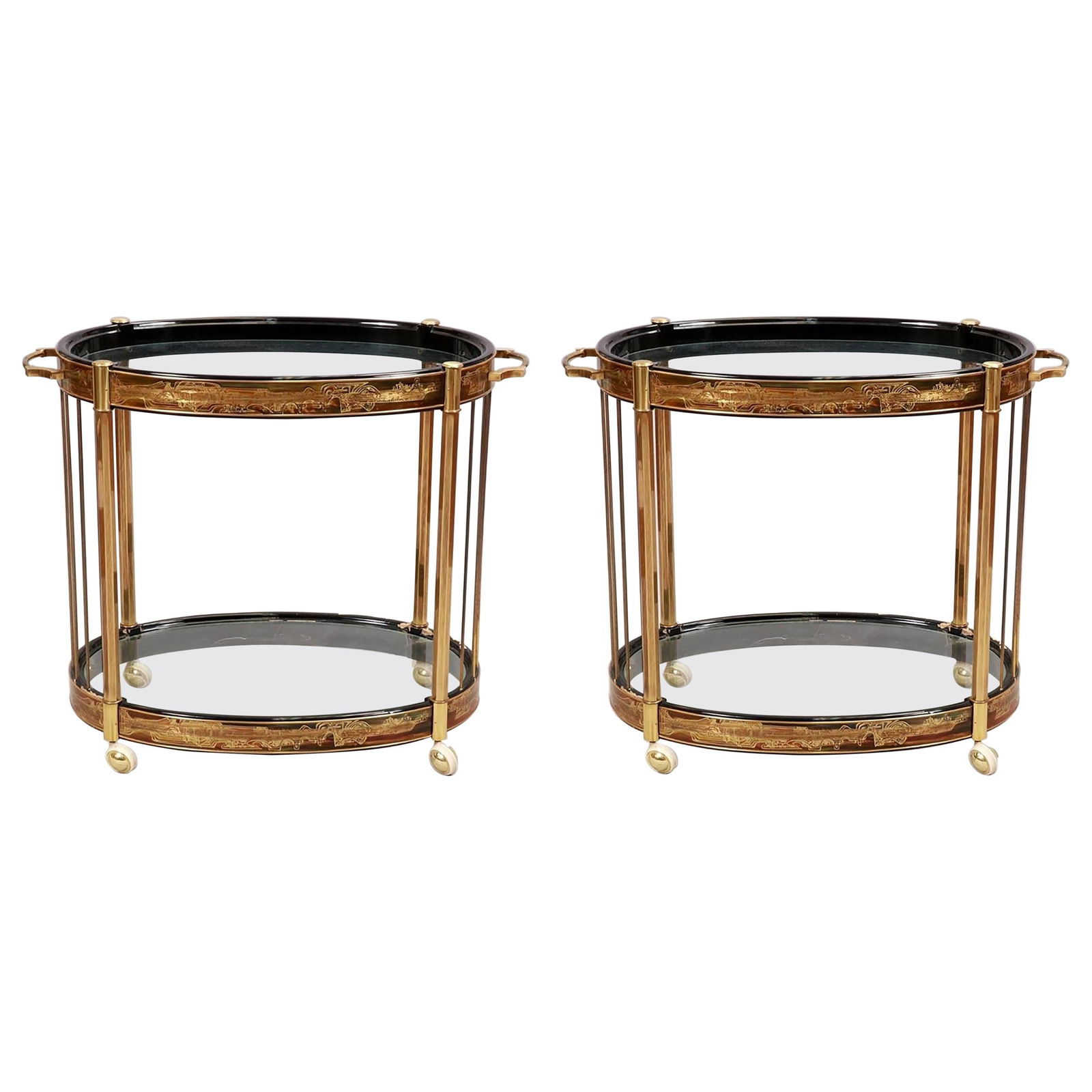 Pair of Mid-Century Modern Mastercraft Bar Cart or Serving Wagons: Title: Pair of Mid-Century Modern Mastercraft Bar Cart or Serving Wagons Description: A pair of Mid-Century Modern master-craft brass acid etched bar-carts or serving wagons. This one of a kind pair o