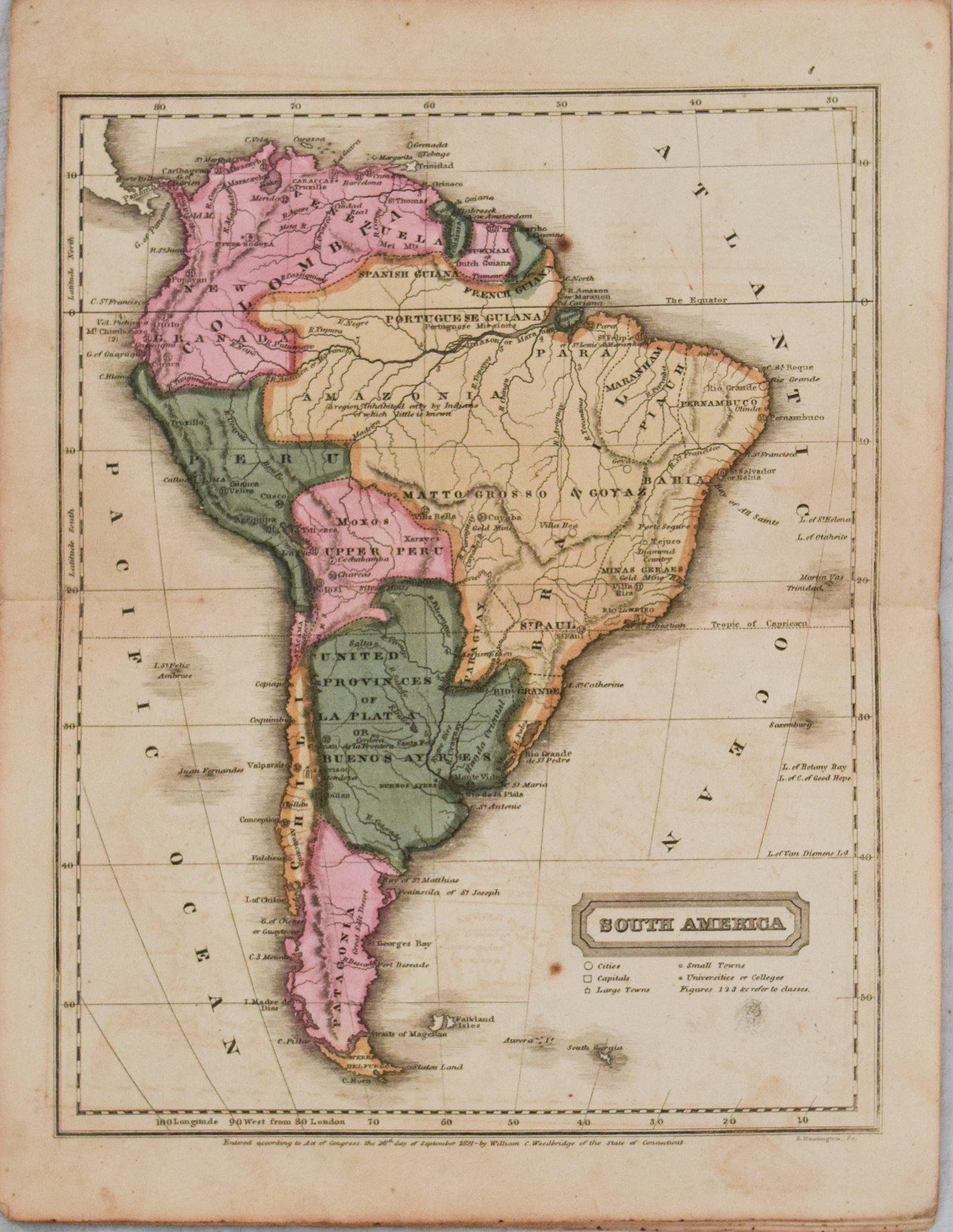 1821 Woodbridge Map of South America -- South America: Title: 1821 Woodbridge Map of South America -- South America Cartographer: W. Woodbridge Year / Place: 1821, Hartford Map Dimension (in.): 10.4 X 8.2 in. This is a very nice map of South America. It s