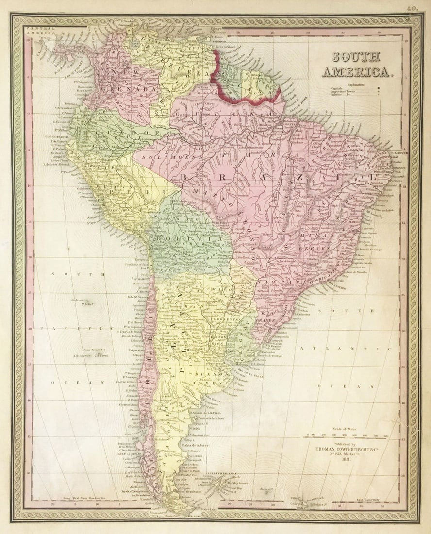 Mitchell / Cowperthwait: South America, 1851: Title/Content of Map: Mitchell / Cowperthwait: South America, 1851 Date Printed: 1851, Philadelphia Cartographer: Mitchell / Thomas, Cowperthwait & Co. Size: 13" x 15 3/4" The attractive, highly detai