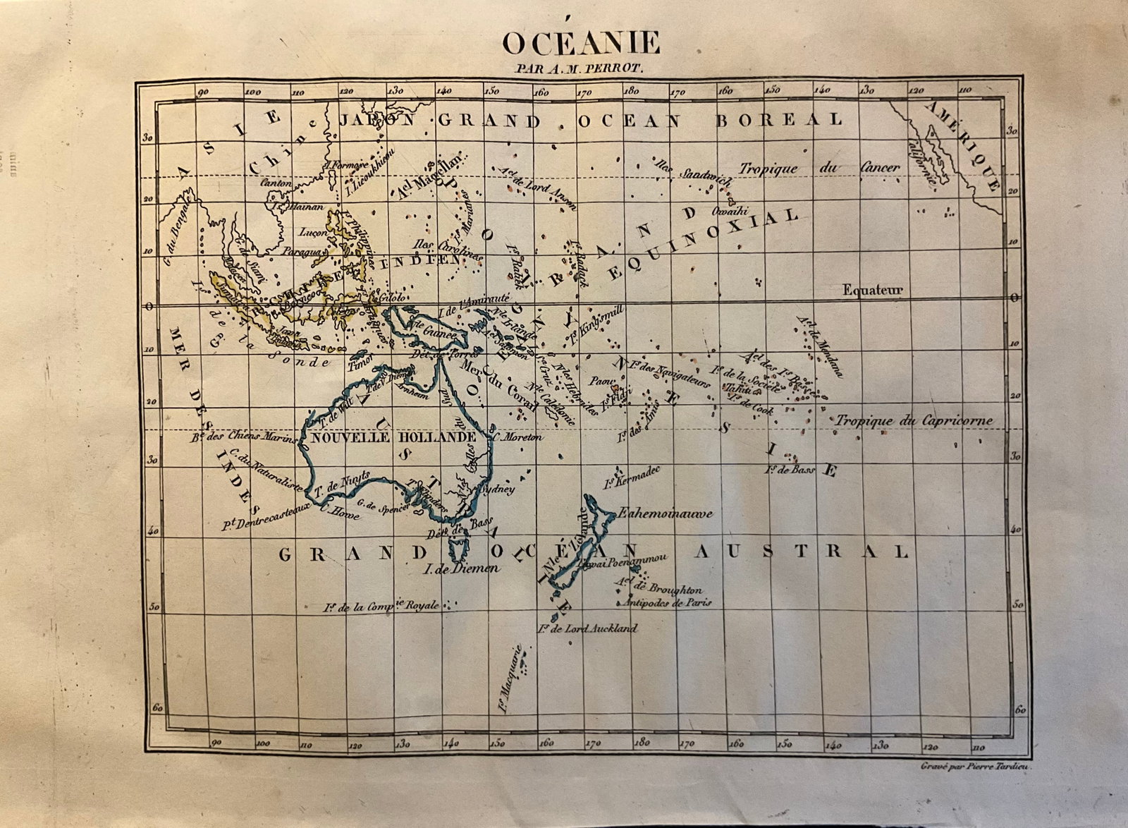 1837 Australia and Pacific by A. Perrot: Title: 1837 Australia and Pacific by A. Perrot Date/Period: 1837 Materials: Hand-colored steel engraving Size: 7 x 10 3/4” This is a map of Australia and Pacific Ocean area, from 1837, created b