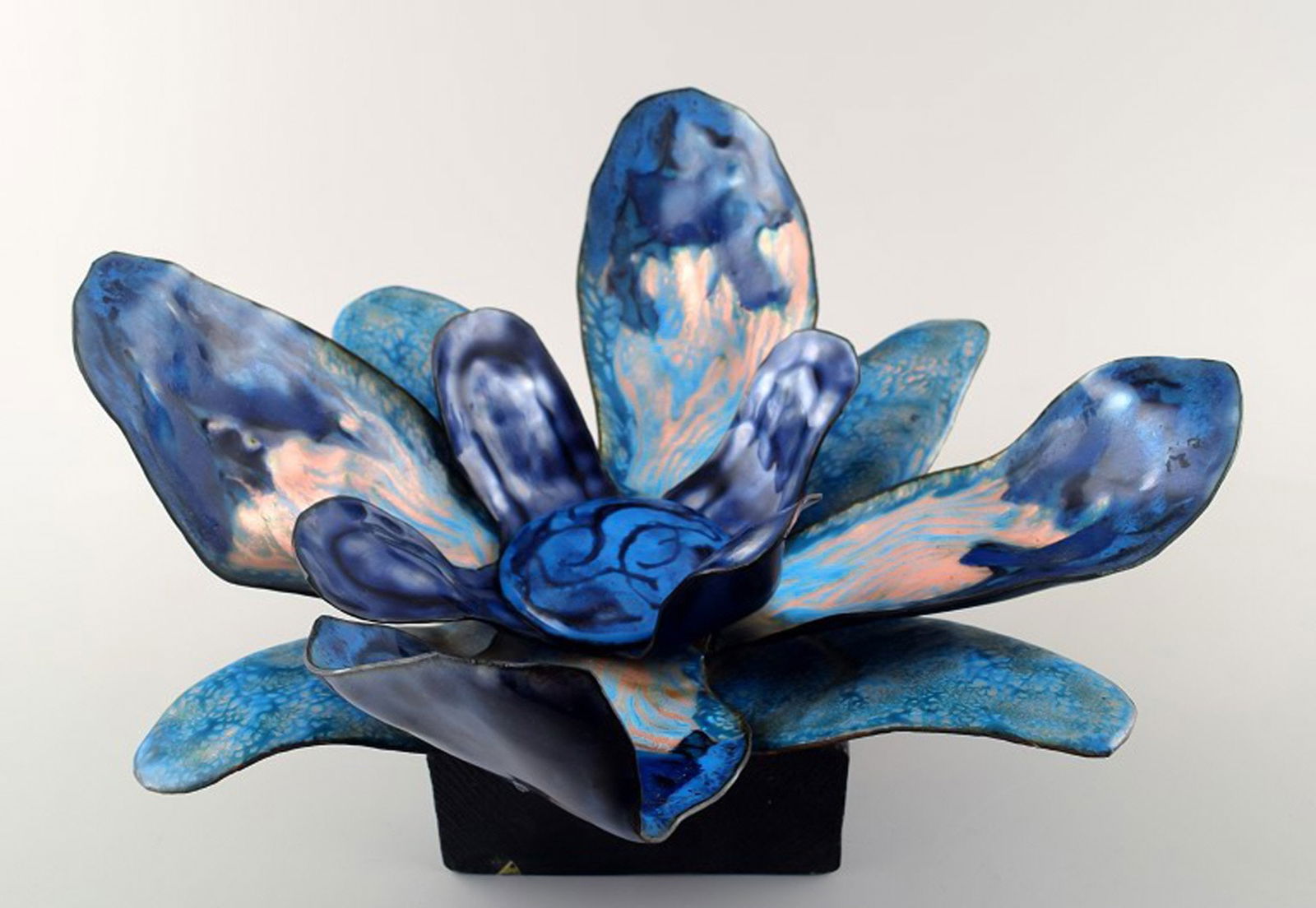 Bodil Eje (1932-2006). Unique sculpture of polychrome enameled copper plates, wooden base.: Title: Bodil Eje (1932-2006). Unique sculpture of polychrome enameled copper plates, wooden base. Description: Bodil Eje (1932-2006). Unique sculpture of polychrome enameled copper plates, wooden base