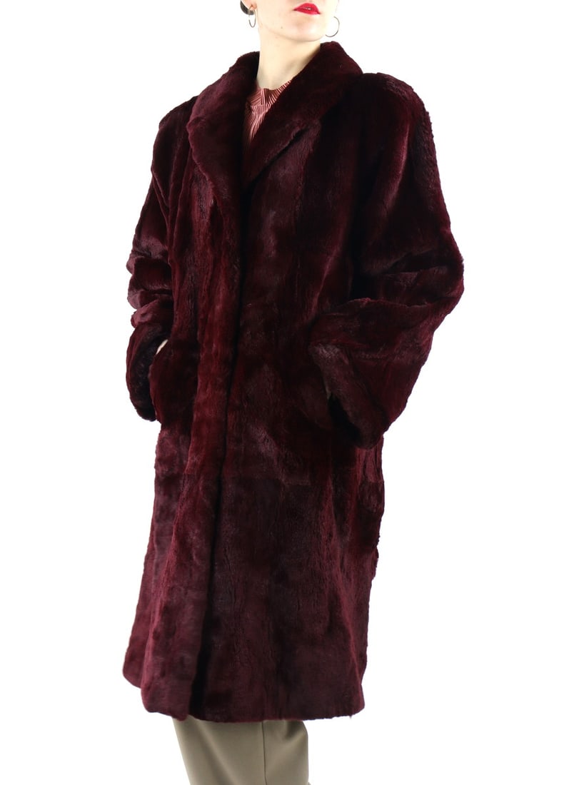 BURGUNDY SHEARED LAPIN FUR COAT US16 Size L (1 of 10)