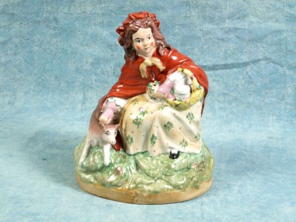 Staffordshire Figurine LITTLE RED RIDING HOOD PETTING WOLF c. late 1800 England (1 of 8)