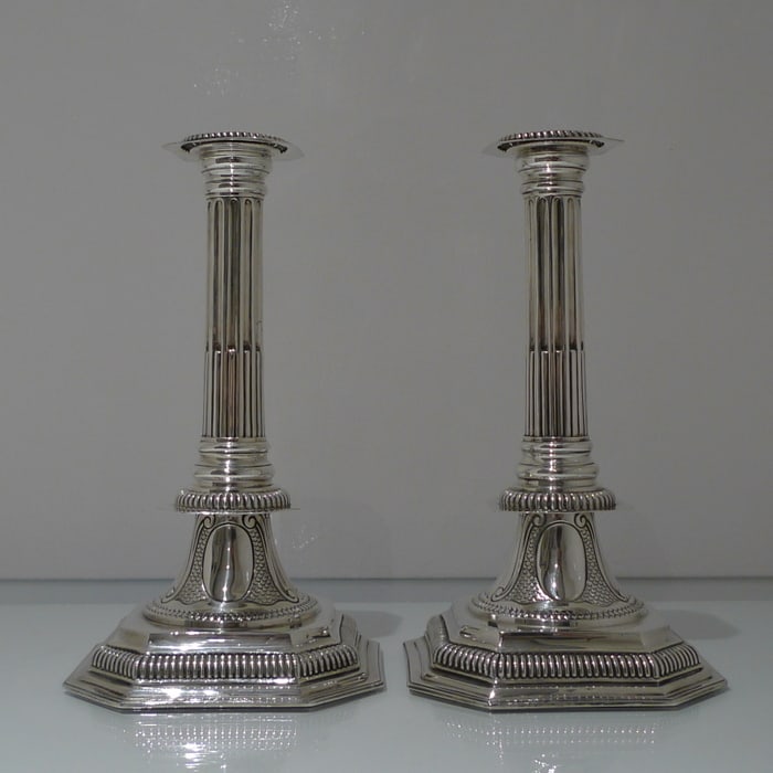 19th Century Antique Victorian Sterling Silver Pair Candlesticks London 1889 Charles Stuart Harris: Title: 19th Century Antique Victorian Sterling Silver Pair Candlesticks London 1889 Charles Stuart Harris Subtitle: A large and extremely rare pair of square based canted cornered “William & Mary &r