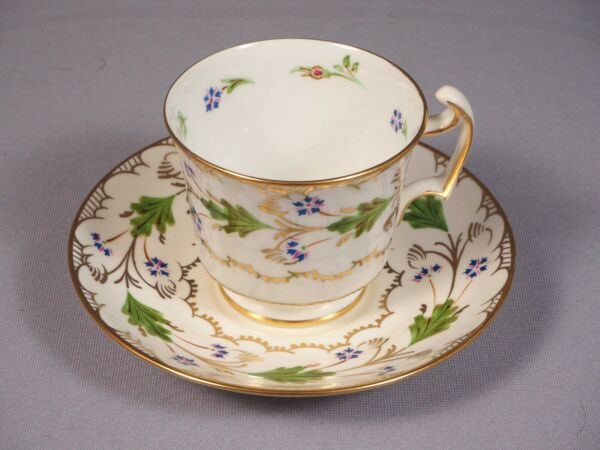 Royal Chelsea Footed Cup & Saucer Forget-me-not RARE Gold England Blue Green: This is a beautiful vintage Bone China one Demitasse Coffee/Tea Cup and one saucer. The set is made by Royal Chelsea in England. The set shows precision craftsmanship featuring gold rims. It has charm