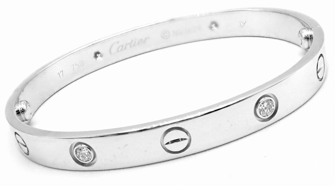 Authentic! Cartier 18k White Gold 4 Diamond Love Bangle Bracelet Size 17 Cert. (1 of 8)