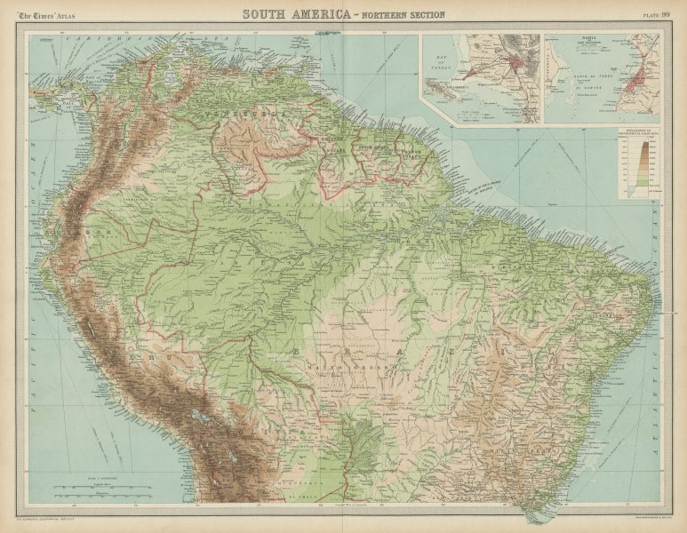 Northern South America . Andean states. Brazil. Amazonia. Relief. TIMES 1922 map (1 of 2)