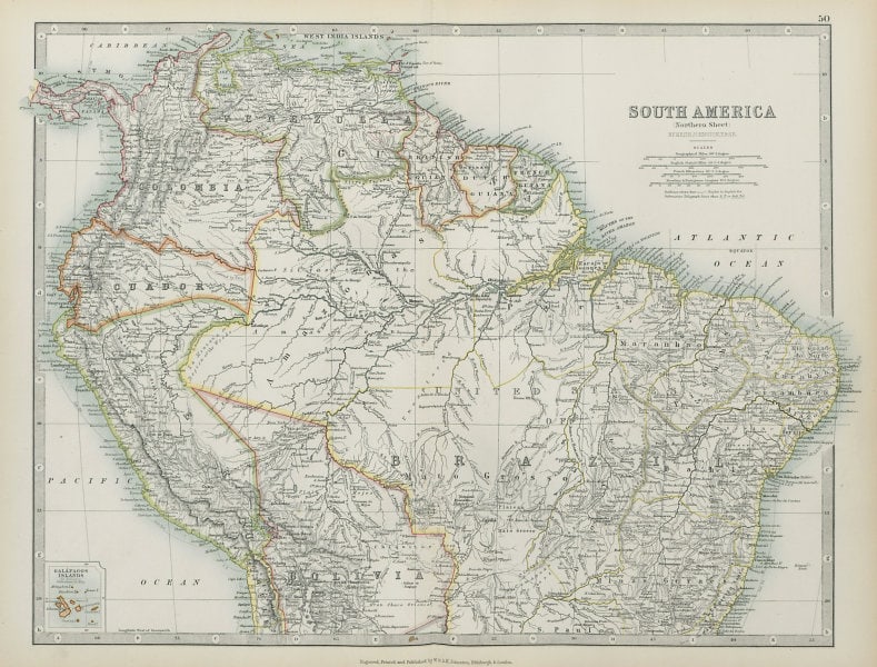 SOUTH AMERICA NORTHERN Brazil Peru Ecuador Colombia Venezuela JOHNSTON 1901 map (1 of 2)