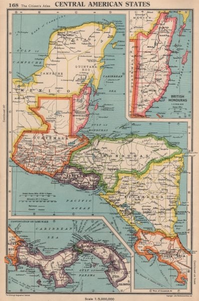 CENTRAL AMERICA. Panama Guatemala Nicaragua Costa Rica British Honduras 1944 map: TITLE/CONTENT OF MAP: 'Central American States; Inset British Honduras; Panama' This map was printed in an atlas that was published during the Second World War. Many of the maps show the advance of th