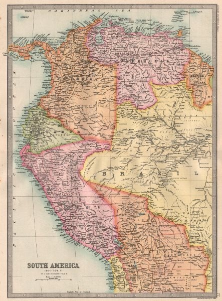 SOUTH AMERICA NORTH WEST. Colombia Venbezuela Ecuador Peru Bolivia 1890 map (1 of 2)