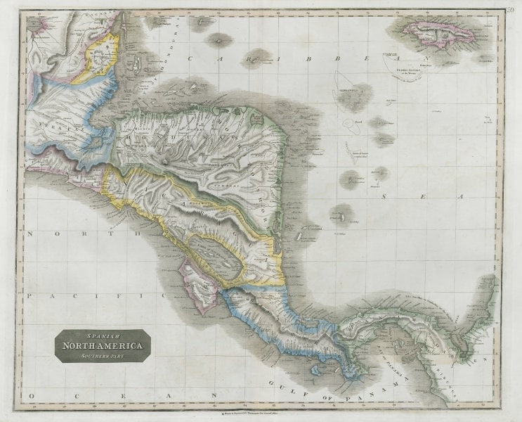 "Spanish North America, southern part" by John Thomson. Central America 1830 map: TITLE/CONTENT OF MAP: 'Spanish North America, southern part' DATE PRINTED: 1830 IMAGE SIZE: Approx 53.0 x 66.0cm, 21 x 26 inches (Large); Please note that this is a folding map. TYPE: Antique early 19