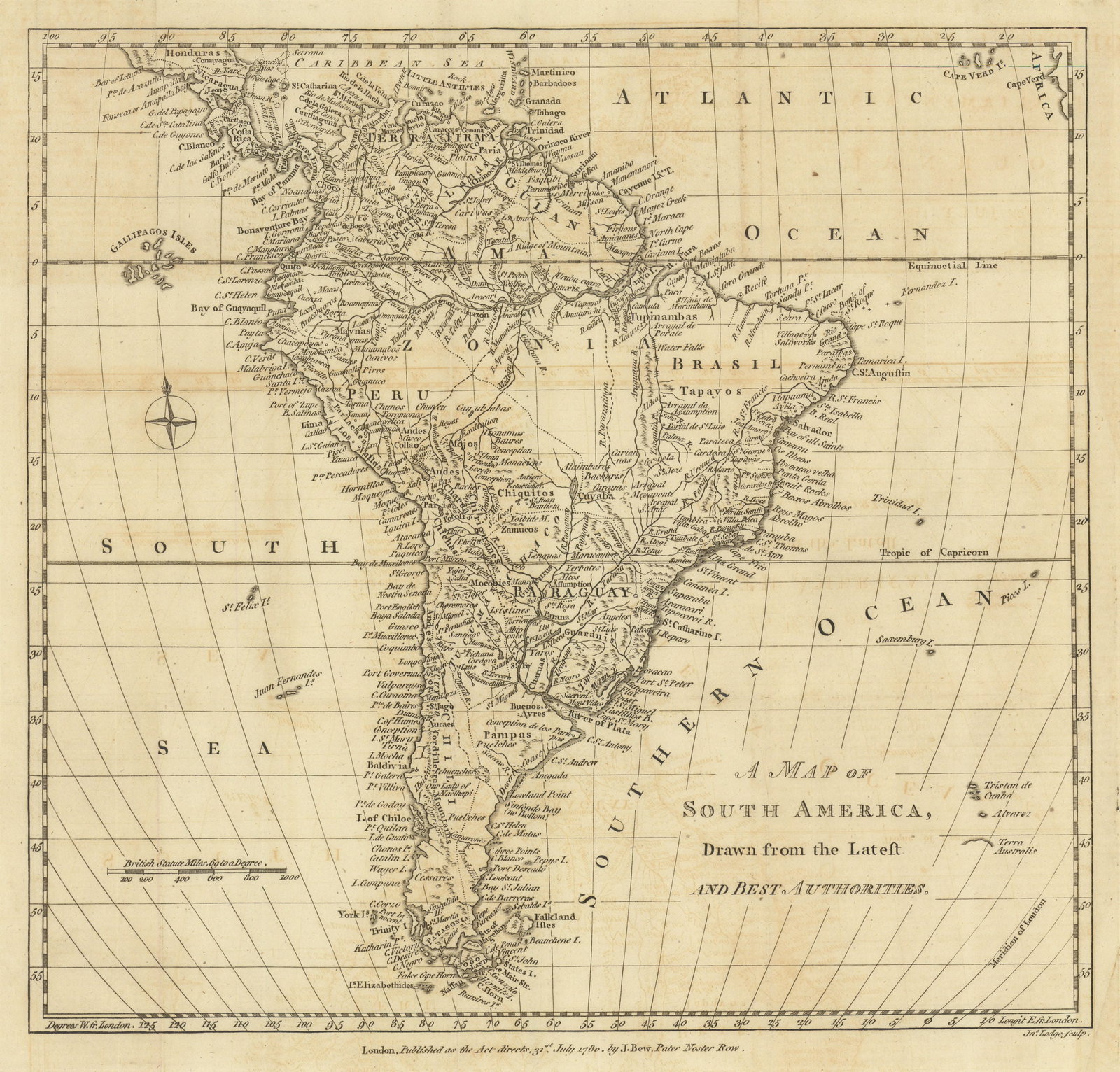 A Map of South America, drawn from the Latest & Best Authorities. LODGE 1780: TITLE/CONTENT OF MAP: 'A Map of South America, Drawn from the Latest and Best Authorities' DATE PRINTED: July 1780 IMAGE SIZE: Approx 29.0 x 30.0cm, 11.25 x 11.75 inches (Large); Please note that this