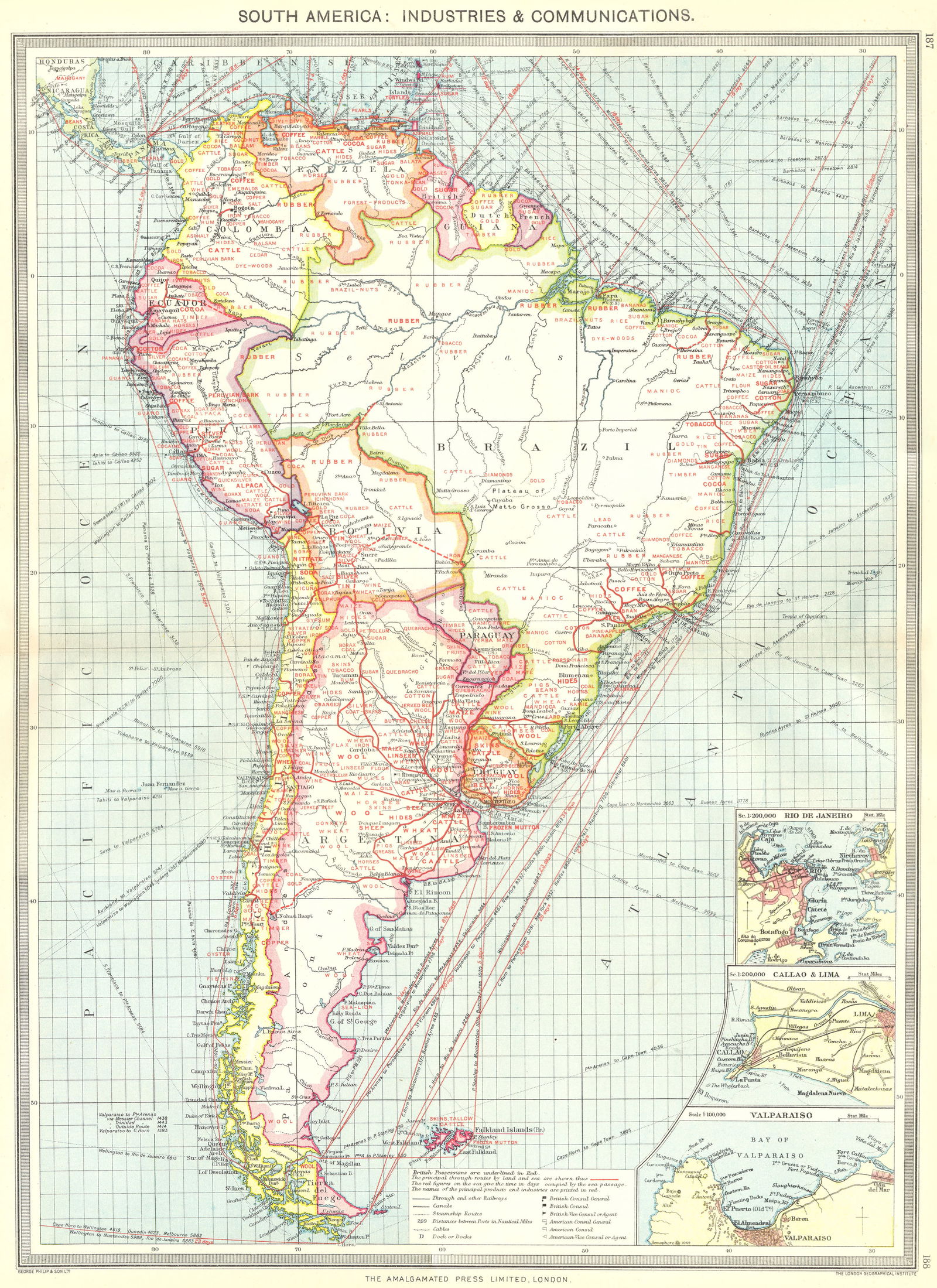 SOUTH AMERICA. Communications; Rio de Janeiro Callao Lima Valparaiso 1907 map (1 of 1)