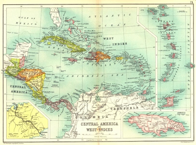 CARIBBEAN.C. America West Indies;Panama canal;Jamaica;Leeward Windward 1909 map: TITLE/CONTENT OF MAP: 'Central America and West Indies; Inset maps of Panama; Trinidad; Jamaica' DATE PRINTED: 1909 IMAGE SIZE: Approx 24.5 x 33.5cm, 9.75 x 13 inches (Large); Please note that this is