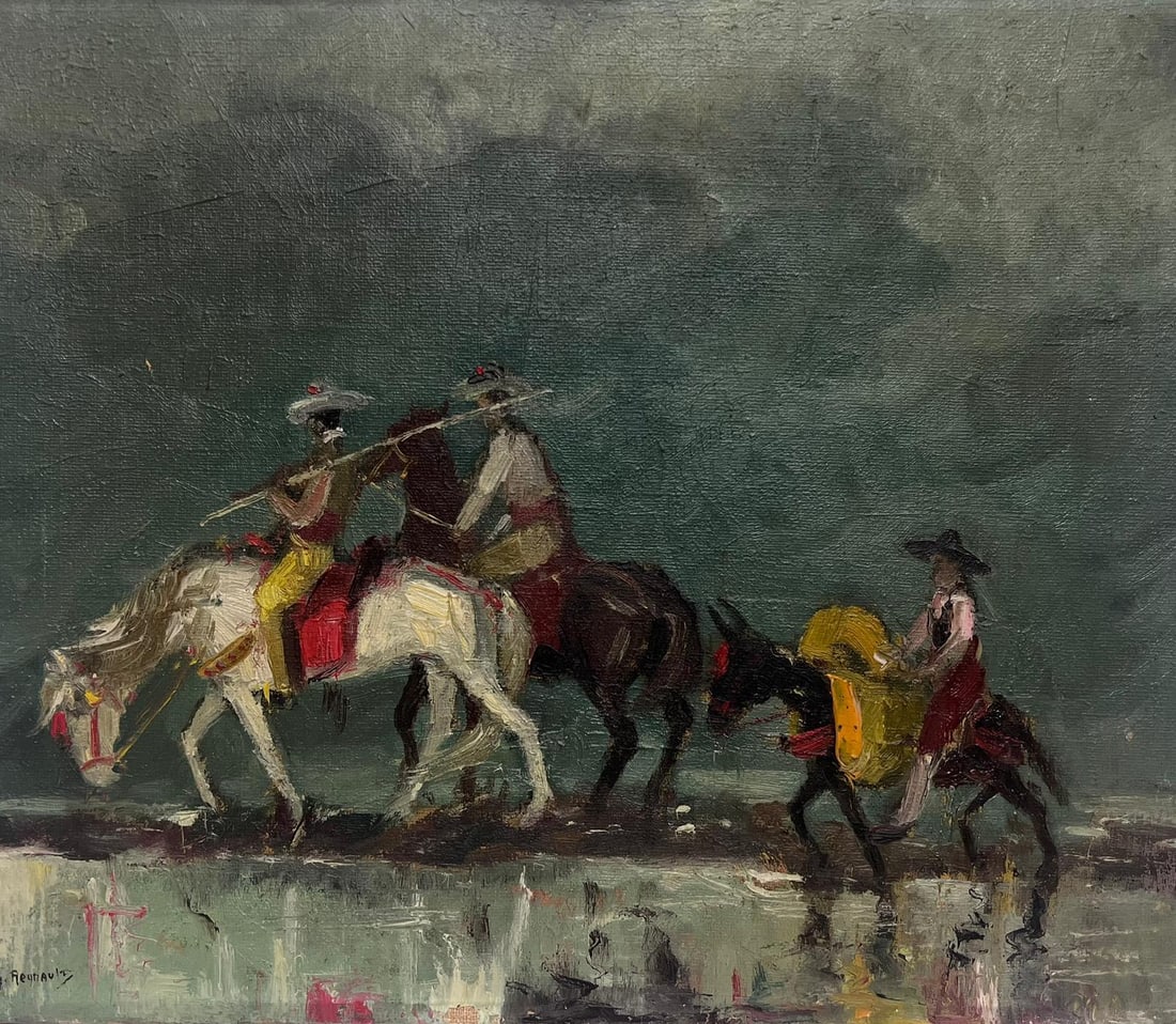 Three Spanish Picadors on Horseback in Landscape Signed mid 20th Century Oil (1 of 12)