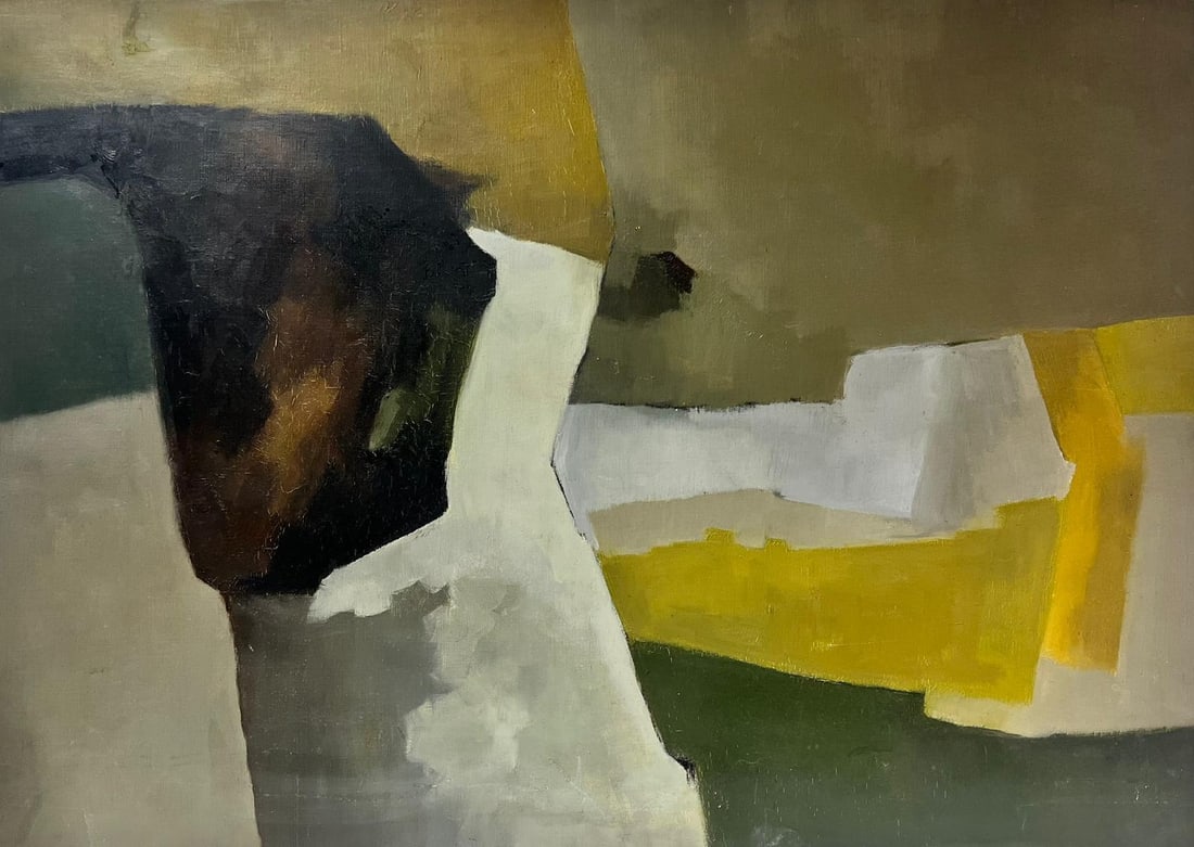 1960's French Cubist Abstract Large Oil Painting Yellow Gold Muted Ochre Tones (1 of 12)