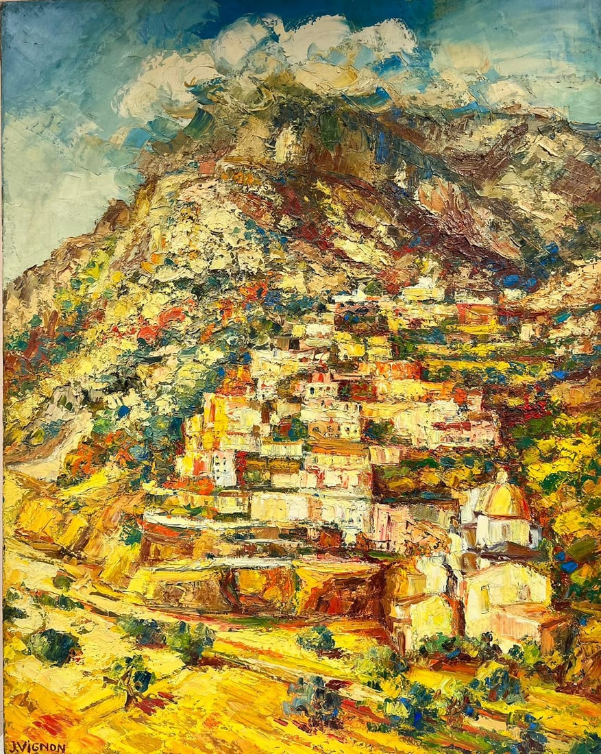 Huge 1960's French Post Impressionist Oil Painting Hillside South of France Town 1960's (1 of 12)