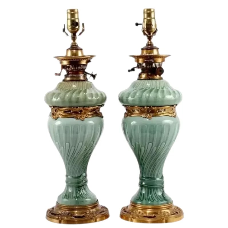 Pair of French Theodore Deck Ormolu-Mounted Celadon Porcelain Lamps: A Pair of French Theodore Deck ( 1823-1891) Ormolu-Mounted Celadon Porcelain Lamps, circa 1870. A very elegant pair of celadon green porcelain lamps in the Chinese taste, mounted with exquisite qualit