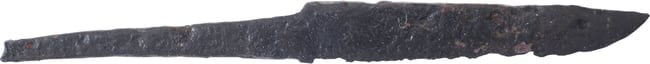 ANCIENT VIKING SIDE KNIFE OR POUCH KNIFE, 879-1067 AD: Cambridgeshire, England. Just under 4" total length (3.94”) with tapered "whittle tang" which identifies these, as they were used without guards, mounted in a wood or antler grip. Blade of a thi