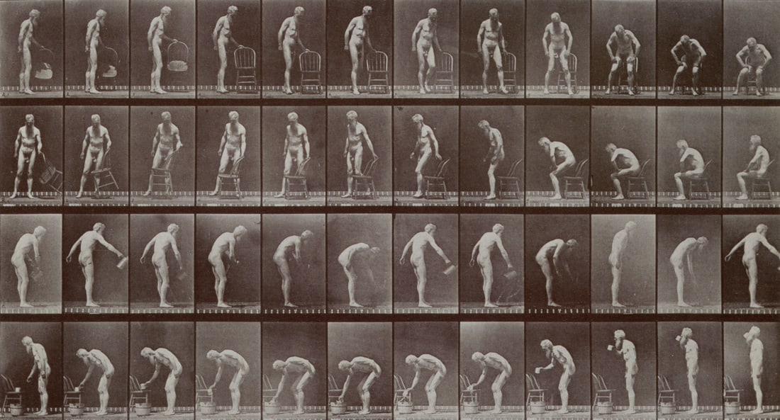 EADWEARD MUYBRIDGE - Self-Portrait Sequence, 1887: Artist: Eadweard Muybridge Title: Self-Portrait Sequence from Animal Locomotion, 1887 Medium: Photo Litho, 2001, Netherlands Dimensions: 8.15x4.4" Description: Heat Wax Mounted on 8.5x11" Conservation