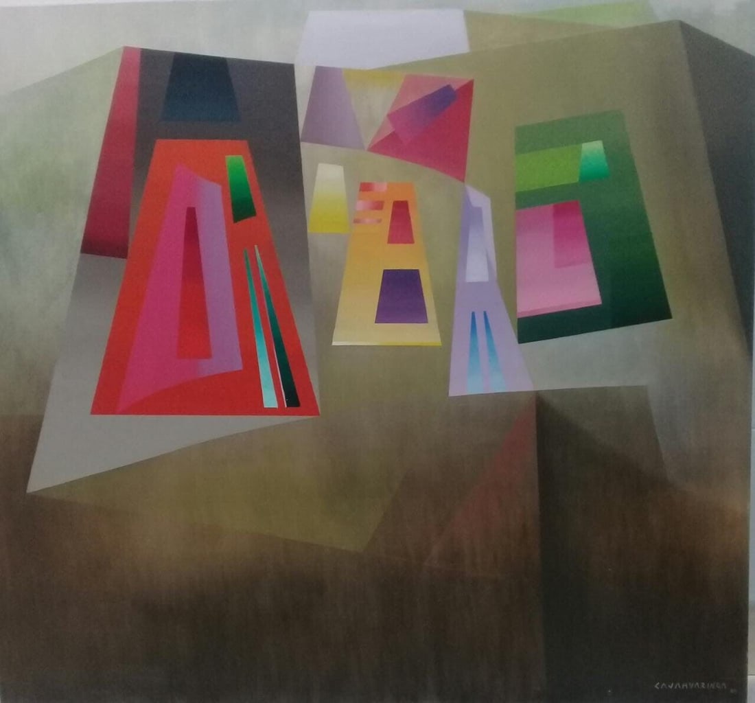 TRAPEZOIDAL MASTER / M. Cajahuaringa / Oil Canvas Painting 1991 / "Pariaqaqa": Peruvian Master : Milner CAJAHUARINGA - Oil Canvas painting - 1991 Title: "PARIAQAQA" Signed & Titled Measures: 42,5 x 39 Inches Documents included: Ministry of Culture & Documents for export to ADUAN