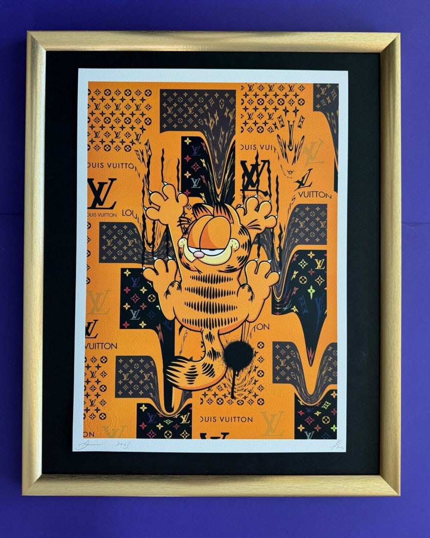 DEATH NYC Hand Signed LARGE Print COA Framed 16x20in Garfield Louis Vuitton @: Up for Sale this Beautiful and Scarce Print by Pop Art Graffiti Master Artist Death NYC Hand Signed in Pencil Numbered X/100 or Artist Proof This piece is mounted on a 20 x 16 in. black acid free blac