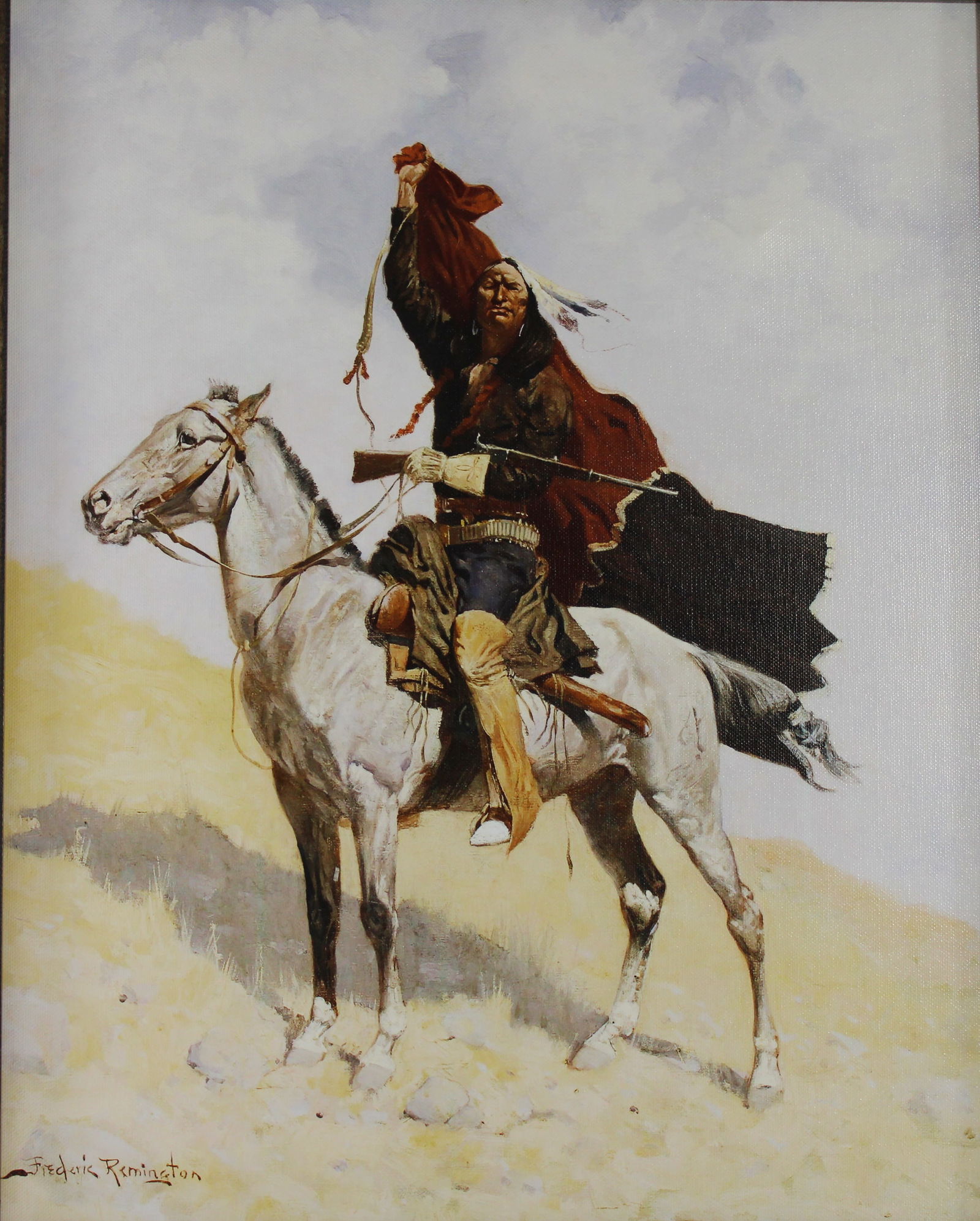 Framed Giclee Canvas Reproduction of "The Blanket Signal" by Frederic Remington. (1 of 2)