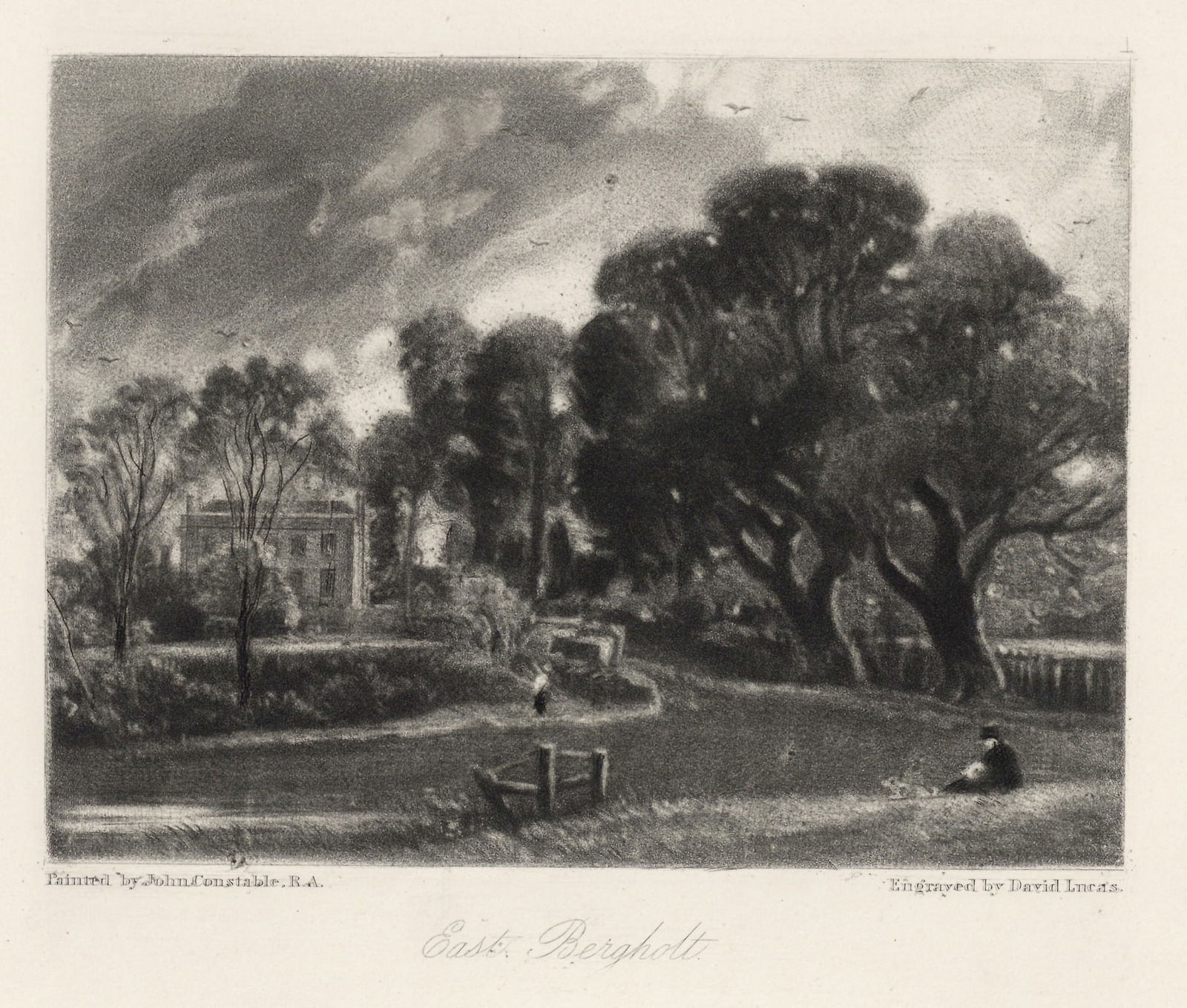 John Constable mezzotint "East Bergholt": Medium: mezzotint (engraved by David Lucas after the John Constable painting). Printed in 1855 on cream wove paper for the "English Landscape Scenery" portfolio, published in London by Henry Bohn. Pla