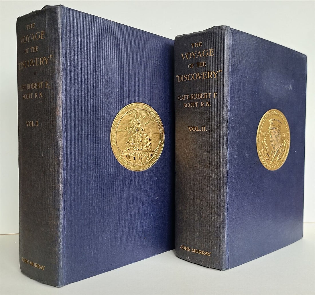 1905 VOYAGE of DISCOVERY VOLS antique ILLUSTRATED British Antarctic exploration: SCOTT, Robert Falcon (1868-1912). The Voyage of the ‘Discovery’. London: John Murray, 1905 2 volumes Photogravure frontispieces, 12 color-printed plates, 5 maps (2 folding in rear pocket), numerou