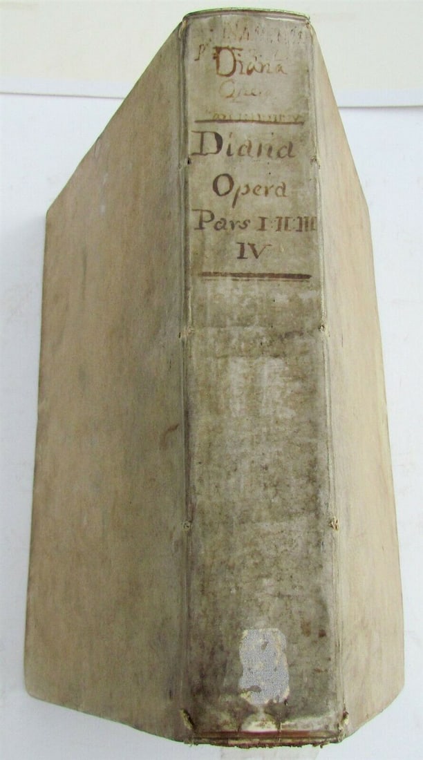 1654 VELLUM BOUND ANTIQUE FOLIO Antonini Diana Panormitani Resolutiones Morales: Antonini Diana Panormitani… Resolutiones Morales. Venice, 1654. Size 13 x 9.5". Folio. Period vellum, title to spine in manuscript. Some toning on the pages. Ex-library. (23) Reserve: $265.99 Ship
