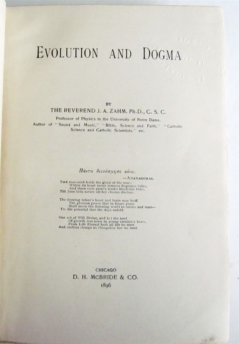 1896 EVOLUTION AND DOGMA by Rev. J.A. Zahm antique (1 of 4)