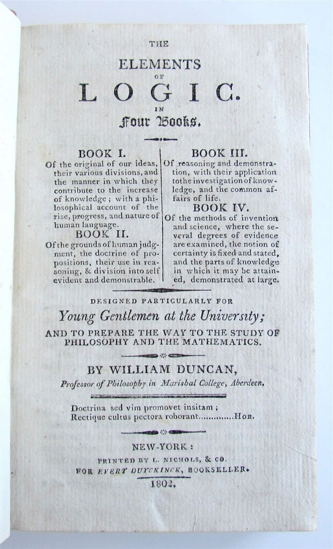1802 ELEMENTS OF LOGIC BY WILLIAM DUNCAN antique AMERICANA (1 of 3)