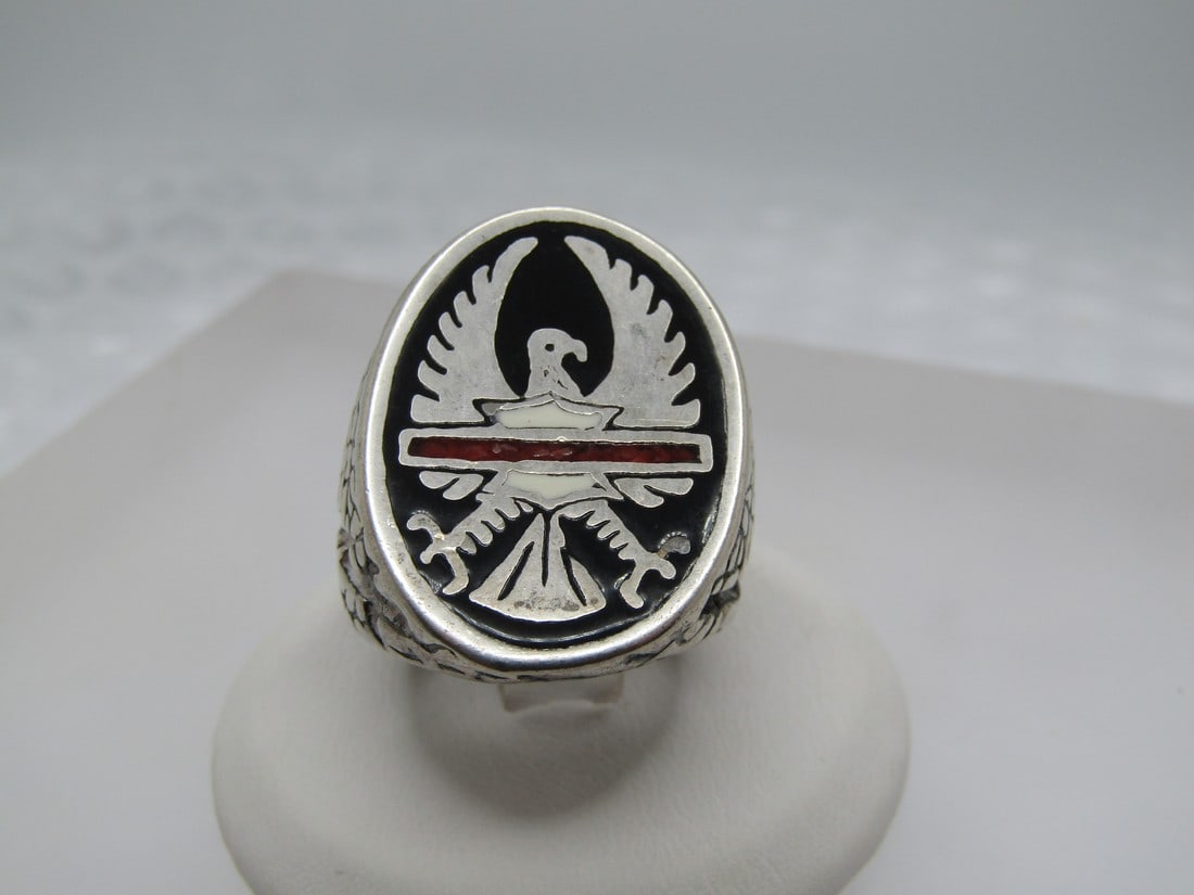 Vintage Silver Plated Eagle Biker Ring, Inlaid Turquoise Chips, Sz. 7, 1990's. (1 of 6)