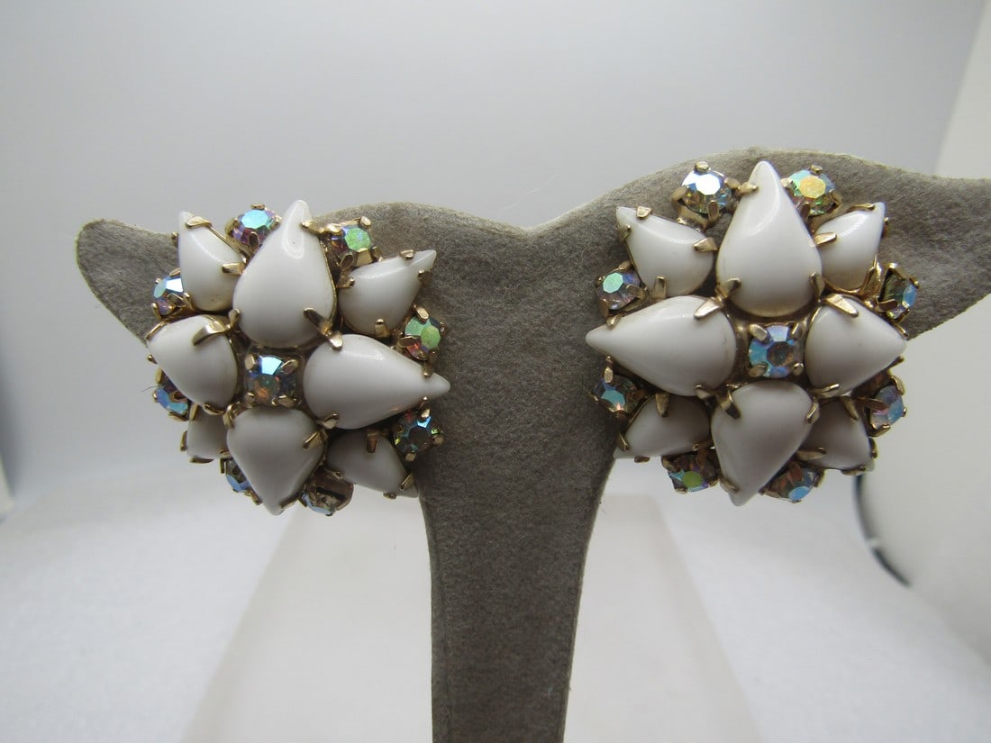 Vintage White Milk Glass AB Earrings, Clip, 1940's: Vintage White Milk Glass AB Earrings, Clip, 1940's. Round blossom shape with domed setting with pear-shaped white milk class stones set with points out and clear aurora borealis rhinestones between an