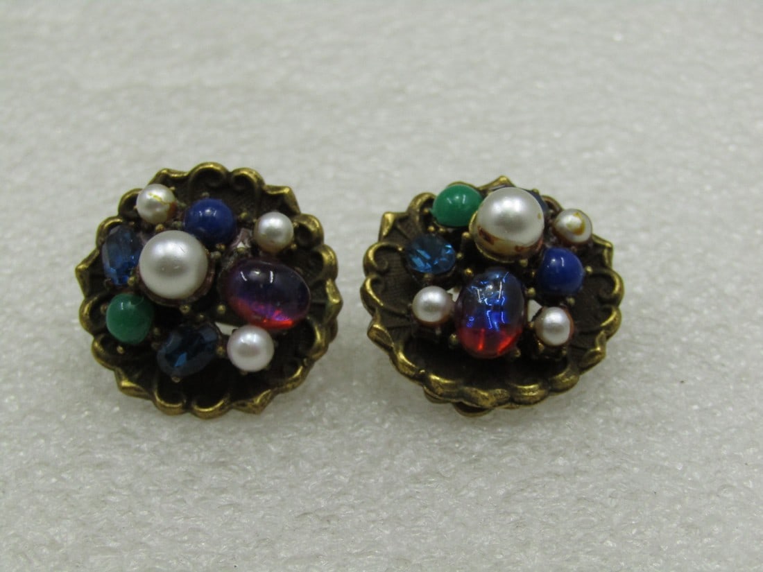 Vintage Coro Rhinestone Faux Pearl Earrings, Clip, 1940's-1950's: Vintage Coro Rhinestone Faux Pearl Earrings, Clip, 1940's-1950's, 1", brassy gold done with a mix of dragons breath, faux pearls, faux gemstomes like ke jade, sapphire, lapis . Very good condition. (I
