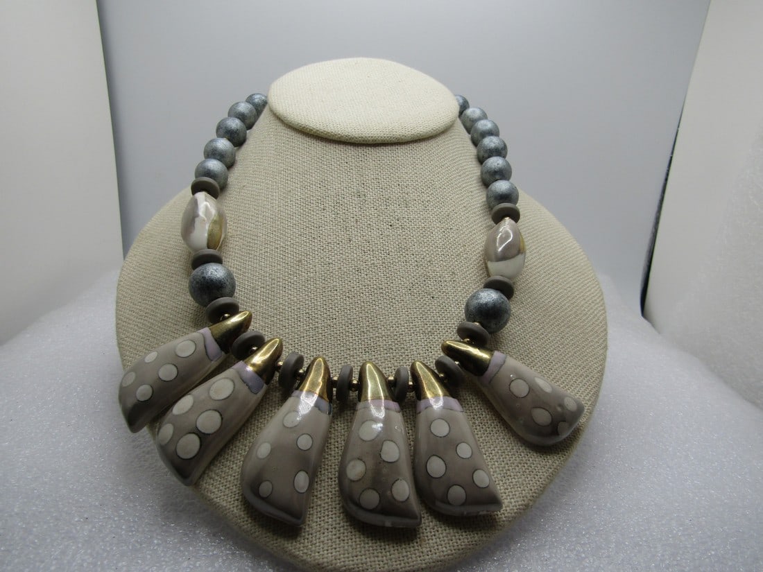 Vintage Iridescent Glazed Japan Necklace, 17" with Drops, Lavender/Gray/White (1 of 7)