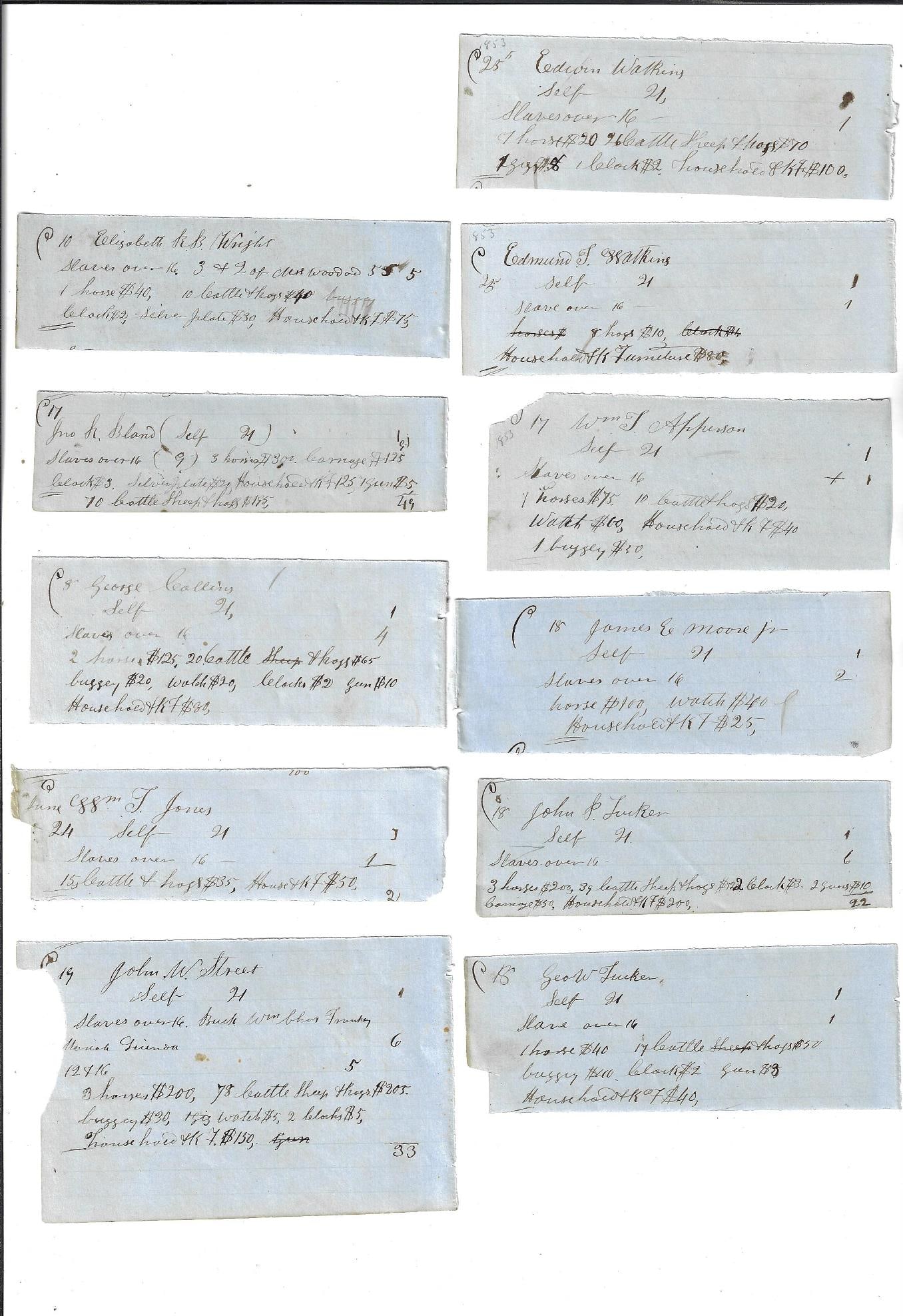 1854 Slaves Eleven Manuscript Virginia Tax Assessments: Eleven manuscript tax assessments of individuals of King and Queen County in Virginia extracted from a tax roll, all showing ownership of slaves as well as other property. Each approx 5 x 3", Fine, ac