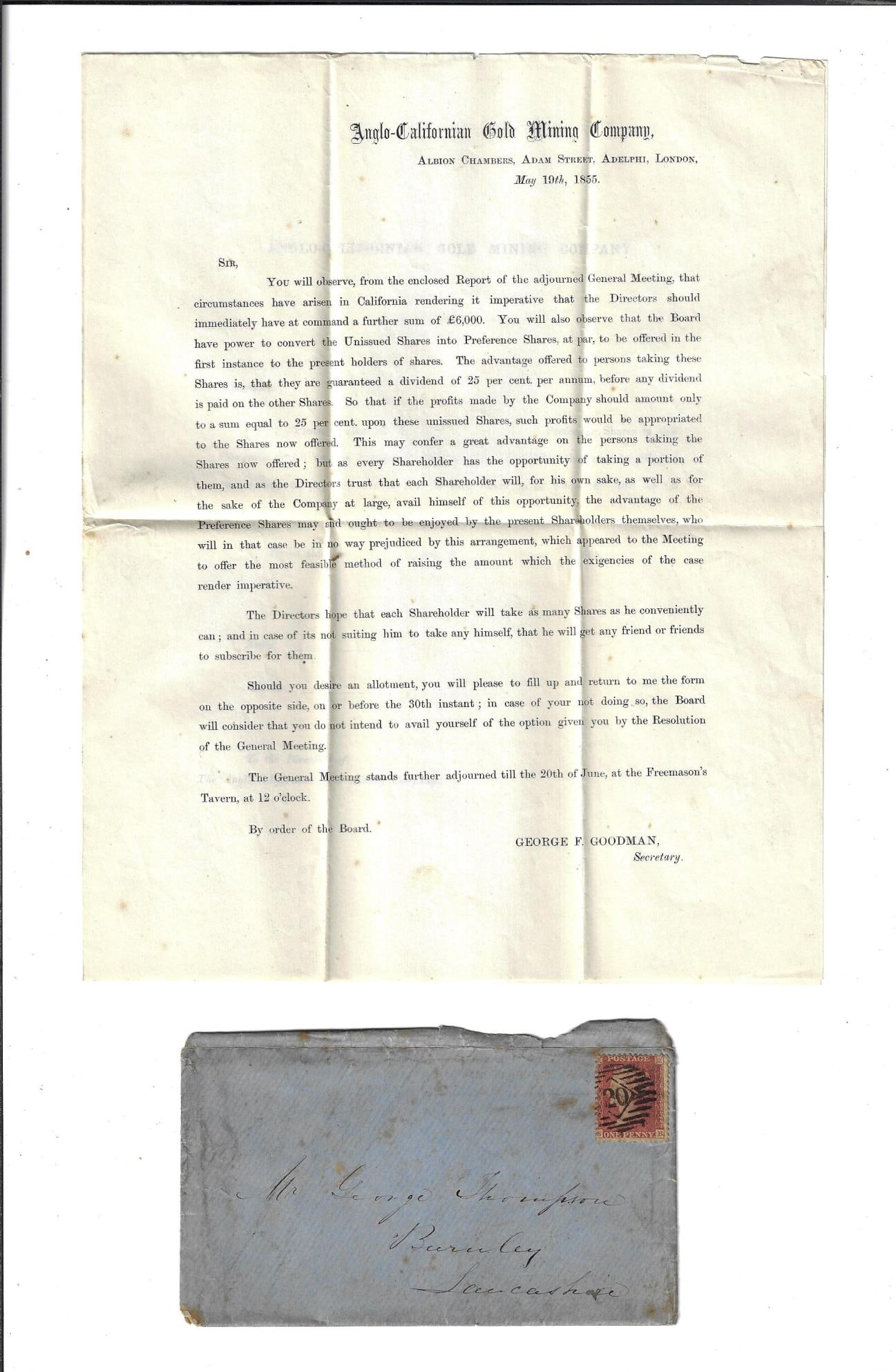 1855 California Gold Mining Company Letter (1 of 2)