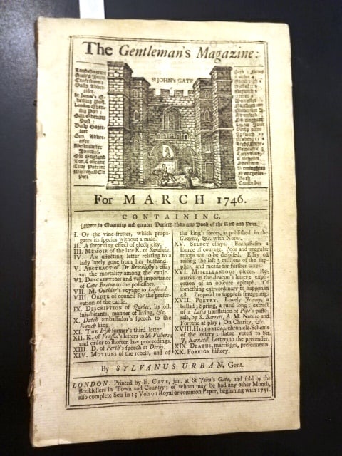1746 Magazine Scottish Rebellion Quebec: The March 1746 issue of Gentleman's Magazine, printed at London, 48 pages. Contnet including on the Scottish Rebels with actions including at Aberdeen. Also a description of Quebec and another on the 