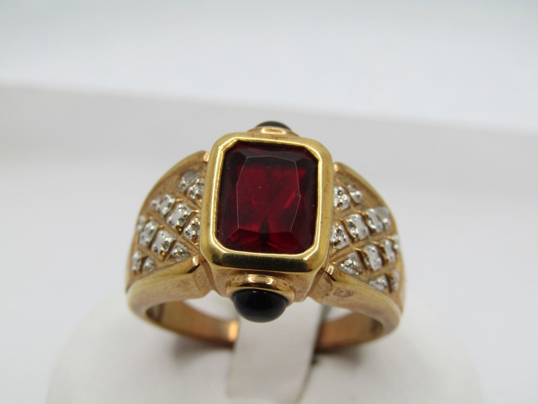 Faux Ruby Men's Two-Tone Ring, Sz. 10, Signed R, Marked .925, 1980's-1990's (1 of 7)